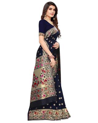 Blue woven silk blend saree with blouse 4