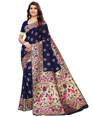 Blue woven silk blend saree with blouse 1