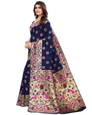 Blue woven silk blend saree with blouse 3