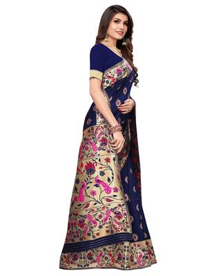 Blue woven silk blend saree with blouse 4