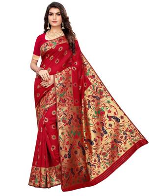 Red woven silk blend saree with blouse 1