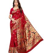 Red woven silk blend saree with blouse