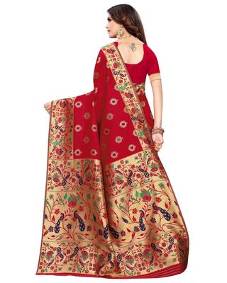 Red woven silk blend saree with blouse 2