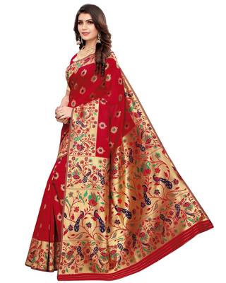 Red woven silk blend saree with blouse 3
