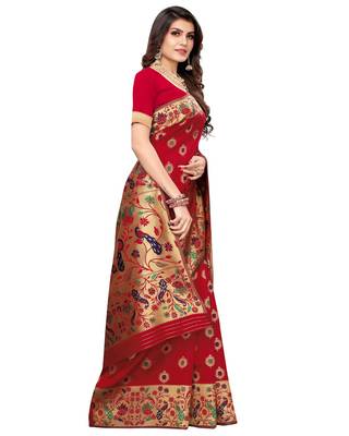 Red woven silk blend saree with blouse 4