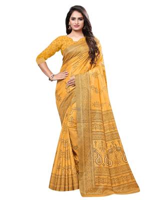 Mustard printed silk blend saree with blouse 1