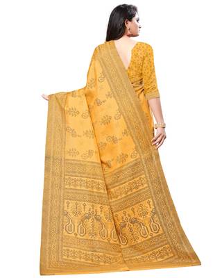 Mustard printed silk blend saree with blouse 2