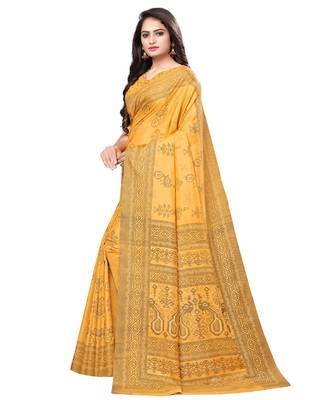 Mustard printed silk blend saree with blouse 3