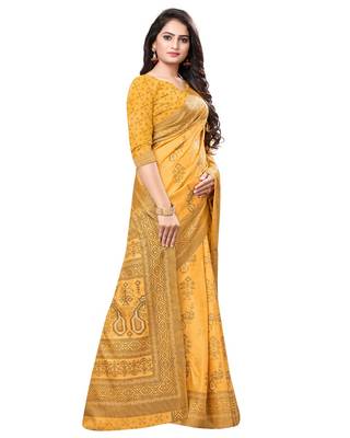 Mustard printed silk blend saree with blouse 4