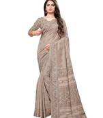 Beige printed silk blend saree with blouse