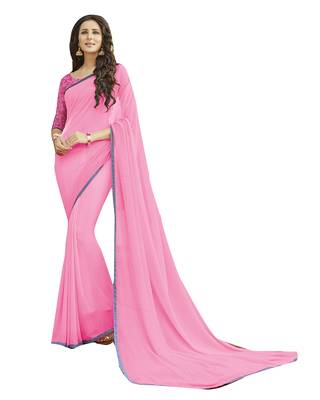 Pink printed georgette saree with blouse 1