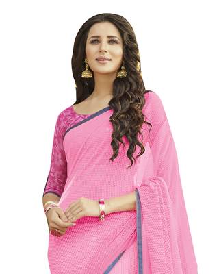 Pink printed georgette saree with blouse 2