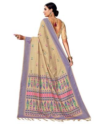 Beige woven cotton saree with blouse 2