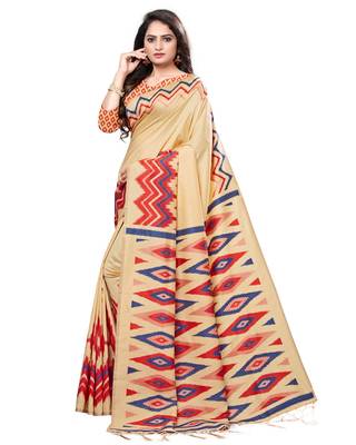 Yellow printed cotton saree with blouse 3