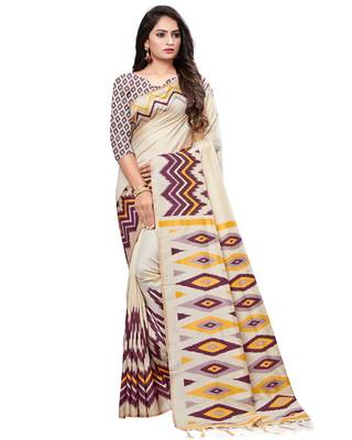 Cream printed cotton saree with blouse 1
