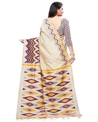Cream printed cotton saree with blouse 2