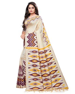 Cream printed cotton saree with blouse 3