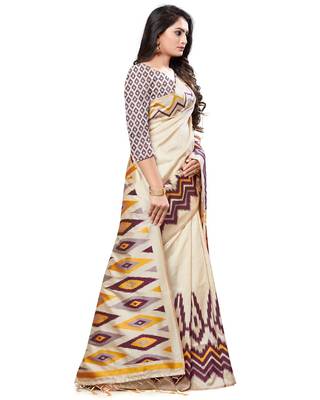 Cream printed cotton saree with blouse 4
