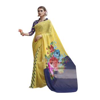 Yellow printed georgette saree with blouse 1
