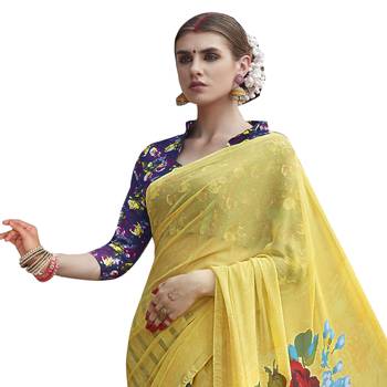 Yellow printed georgette saree with blouse 2