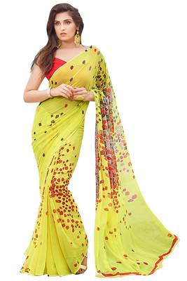 Yellow printed georgette saree with blouse 1