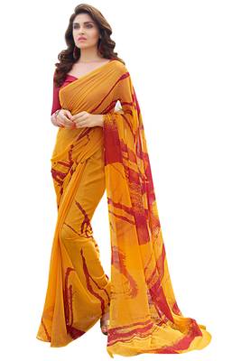 Mustard printed georgette saree with blouse 1