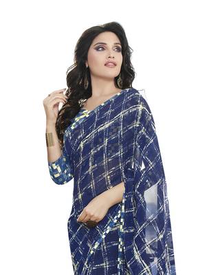 Blue printed georgette saree with blouse 3