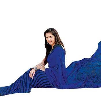 Blue printed georgette saree with blouse 2