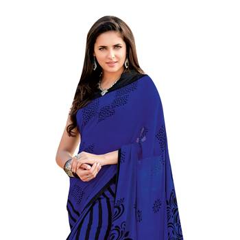 Blue printed georgette saree with blouse 3