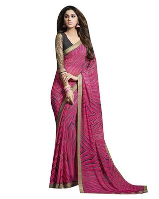 Pink printed georgette saree with blouse 1
