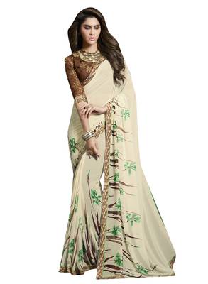 Cream printed georgette saree with blouse 1