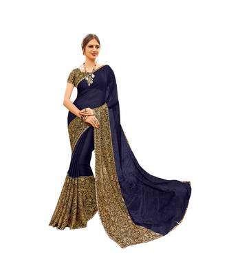Blue printed chiffon saree with blouse 1