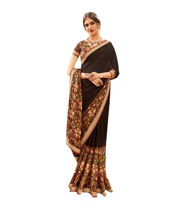 Black printed chiffon saree with blouse 5