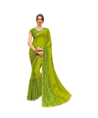 Green printed chiffon saree with blouse 1