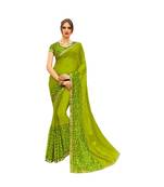 Green printed chiffon saree with blouse