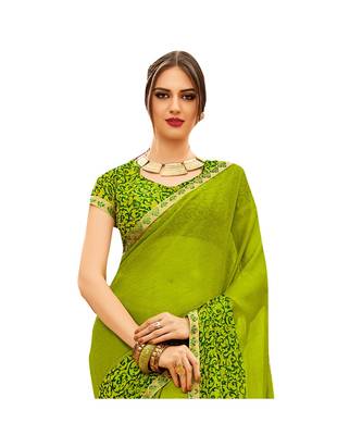 Green printed chiffon saree with blouse 2