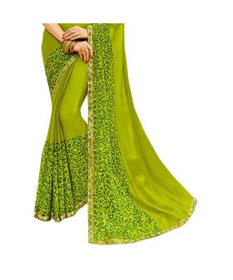 Green printed chiffon saree with blouse 3