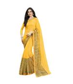 Yellow printed Net saree with blouse