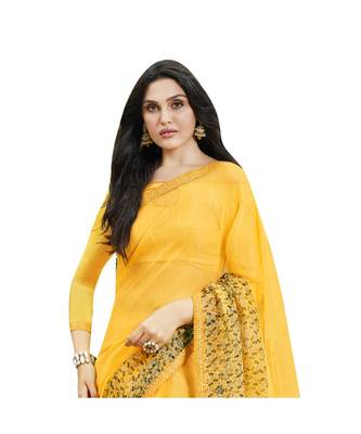 Yellow printed Net saree with blouse 2