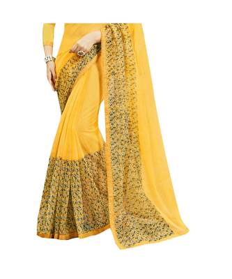 Yellow printed Net saree with blouse 3