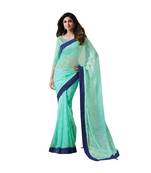 Turquoise printed chiffon saree with blouse
