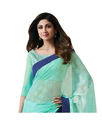 Turquoise printed chiffon saree with blouse 2