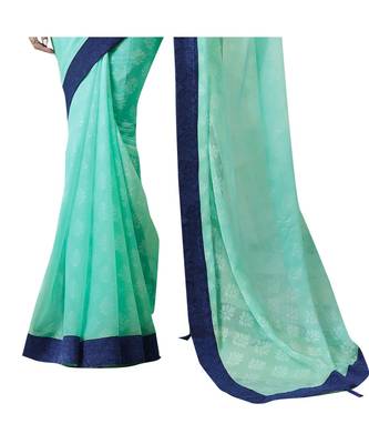 Turquoise printed chiffon saree with blouse 3