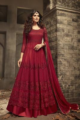 Red Embroidered Net Semi Stitched Salwar With Dupatta 1
