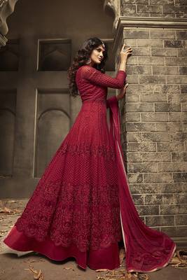 Red Embroidered Net Semi Stitched Salwar With Dupatta 3