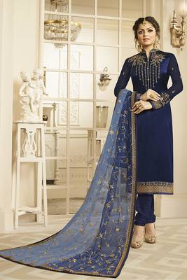 Blue Embroidered Art Silk Semi Stitched Salwar With Dupatta 1