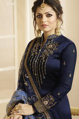 Blue Embroidered Art Silk Semi Stitched Salwar With Dupatta 2