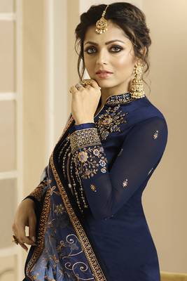 Blue Embroidered Art Silk Semi Stitched Salwar With Dupatta 3