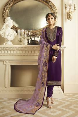 Violet Embroidered Net Semi Stitched Salwar With Dupatta 1