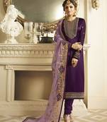 Violet Embroidered Net Semi Stitched Salwar With Dupatta